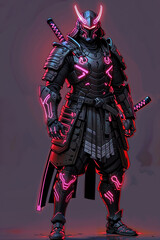 Fototapeta premium Neon Samurai. A samurai from a cyberpunk world, with neon lights integrated into their armor