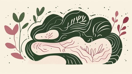 Abstract illustration of a serene landscape with flowing lines and organic shapes, symbolizing tranquility and mindfulness in guided meditation.