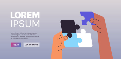 Team putting parts of puzzle together problem solution teamwork concept flat vector illustration.	