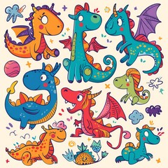 Funny dragons doodle set, cartoon dino, graphic dinosaurs isolated, monster animals