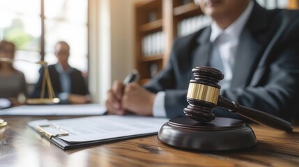 A lawyer discusses legal documents in a courtroom setting with a gavel placed prominently on the table.