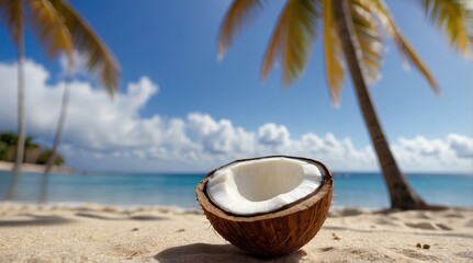 Coconut on a tropical beach with palm trees and blue ocean