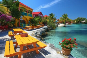 Colorful seaside restaurant with outdoor seating