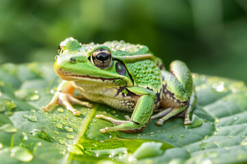 Obraz premium Green Frog Resting on a Dew-Covered Leaf
