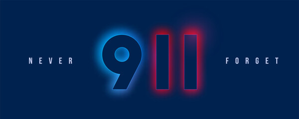 9/11 remembrance banner with glowing numbers and solemn slogan