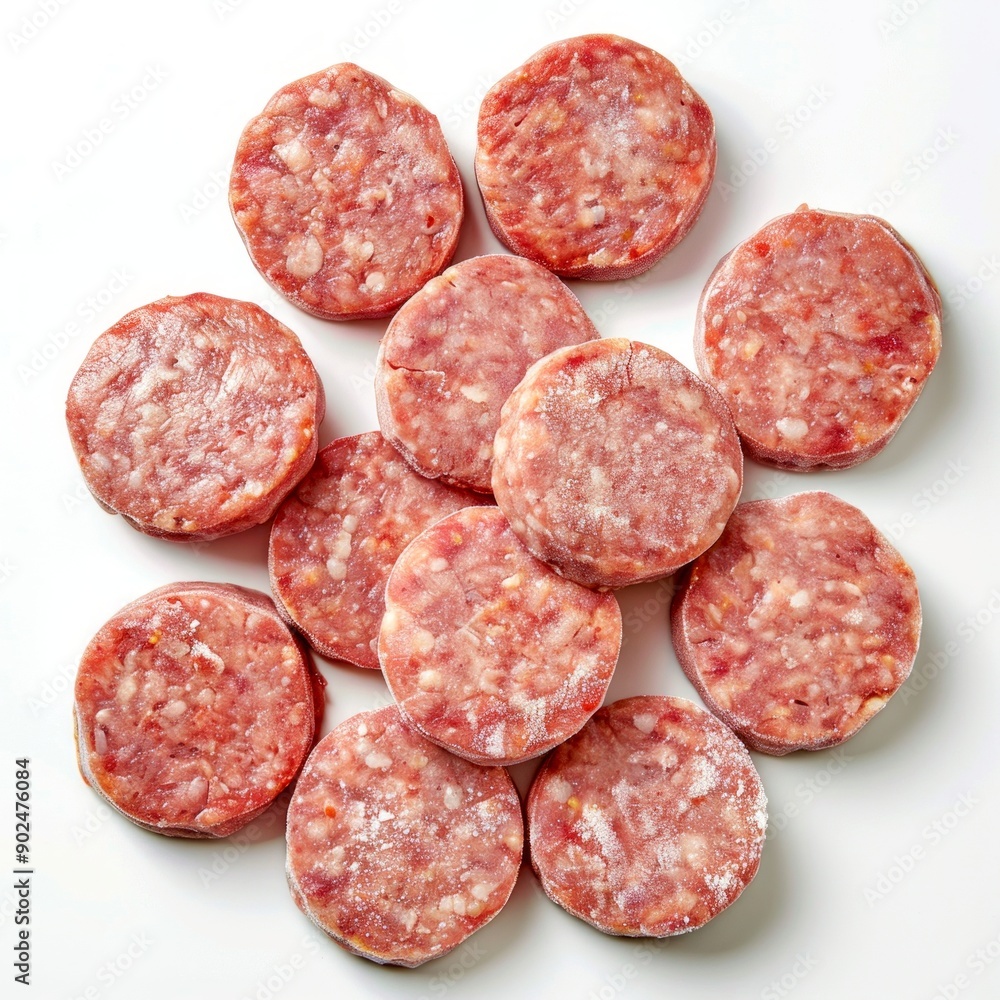 Poster round slices of salami sausage carefully arranged on a white surface. the image shows a close-up vie