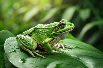 Fototapeta premium Green Tree Frog Resting on a Leaf in a Lush Forest