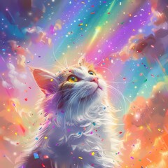 Obraz premium A White Cat Gazing Up at a Colorful Sky Filled with Confetti