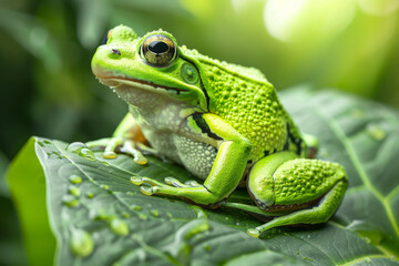 Obraz premium Green Tree Frog Perched on a Leaf with Dew Drops