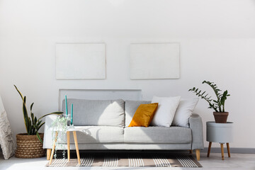 Interior of light living room with grey sofa, paintings and plants