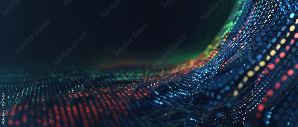 Poster vibrant digital wave of colorful data points flowing through virtual space