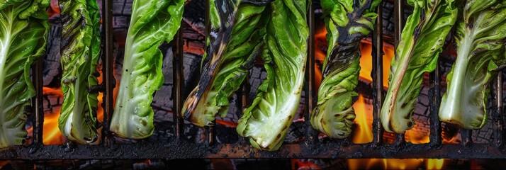 Grilled Lettuce, Green Romaine Lettuce Leaves Barbecue, Grilled Green Salad, Copy Space