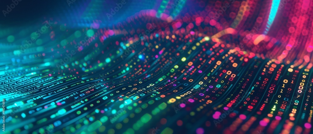 Poster colorful binary data streams flowing together in a vivid abstract design at night