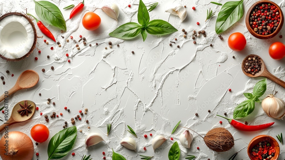 Poster colorful array of fresh ingredients and spices arranged on a textured white background. perfect for 