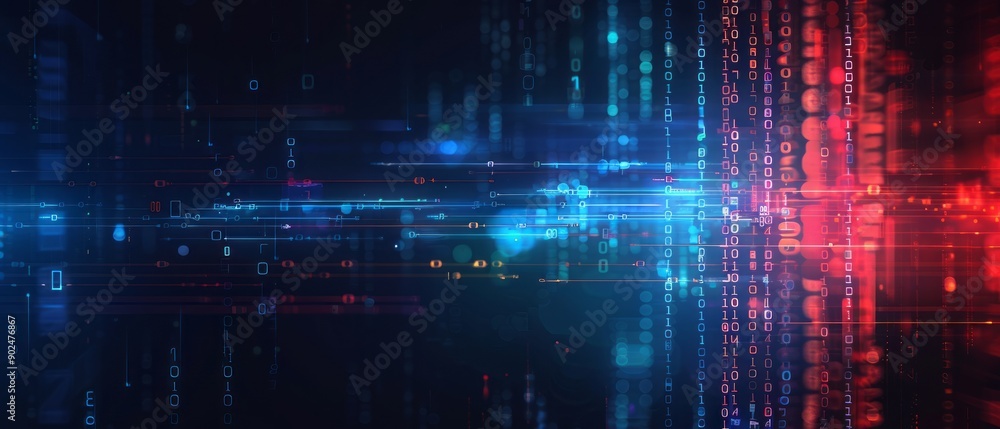 Poster dynamic abstract digital waveform displaying blue and red data streams in a dark background