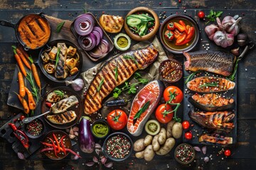 Grilled Meat Big Set, Smoked Ribs, Fish and Vegetables, Barbecue Buffet, Grilled Chicken Pieces,