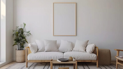 Naklejka premium Elegante Sala de Estar Escandinava con Decoración Minimalista y Acogedora en Tonos Neutros. 