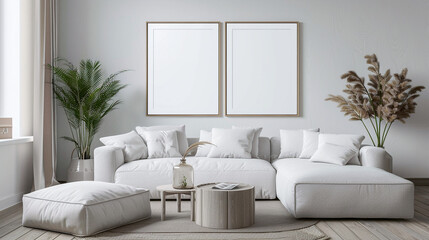 Acogedora Sala de Estar Escandinava con Sofá Blanco y Detalles Naturales en un Ambiente Luminoso