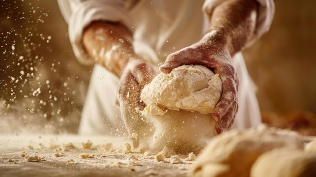 A baker is making bread dough and it is very messy. The dough is being kneaded and the flour is flying everywhere