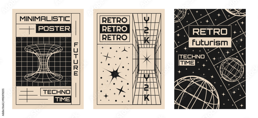 Poster set of minimalistic posters with 3d wireframe models and stars in y2k style. vector template for ban