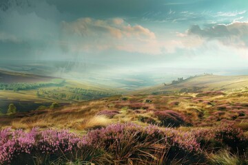 Moorland or Moor, Wuthering Heights, Heather Fields and Hills, Castle on Mountains, Copy Space