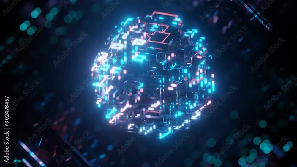 Poster 3d object or structure rotates and moves inside glass mirror tunnel with neon light, bright reflecti
