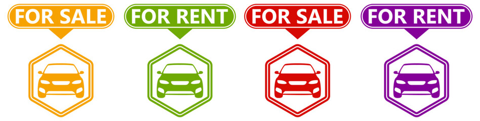 Set car for sell and rent icons. selling and rental sign labels sticker design vector illustration	