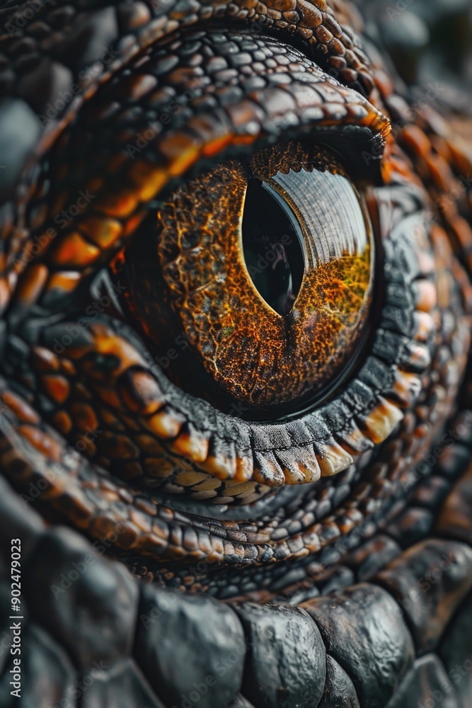 Poster a close-up view of a crocodile's eye, with its sharp teeth and piercing gaze