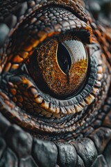 A close-up view of a crocodile's eye, with its sharp teeth and piercing gaze