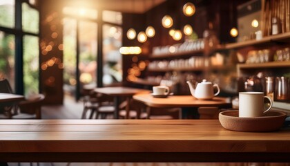 Empty wooden table surface with blurred background in coffee shop. product display. Generated image