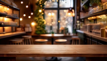 Empty wooden table surface with blurred background in coffee shop. product display. Generated image