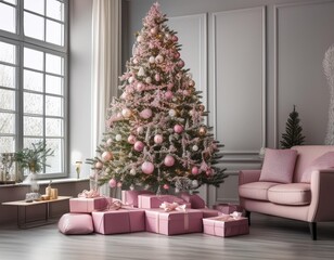 Christmas tree in a beautiful interior living room with pink decoration and christmas presents