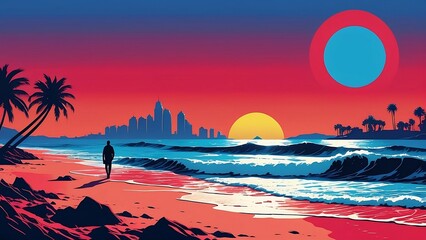 illustration silhouette sunset on the beach, blue sun, red sea water, waves,