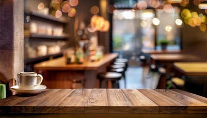 Empty wooden table surface with blurred background in coffee shop. product display. Generated image