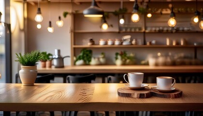 Fototapeta premium Empty wooden table surface with blurred background in coffee shop. product display. Generated image