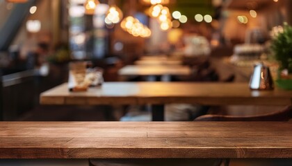 Empty wooden table surface with blurred background in coffee shop. product display. Generated image