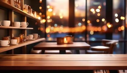 Empty wooden table surface with blurred background in coffee shop. product display. Generated image
