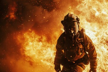 A firefighter is in the middle of a burning building. The fire is intense and the firefighter is wearing a full protective suit