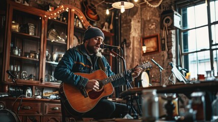 Obraz premium A solo acoustic artist performing with a microphone and guitar, set against a rustic, intimate venue backdrop.