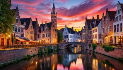 Fototapeta premium Bruges Canal at Sunset with Reflections.