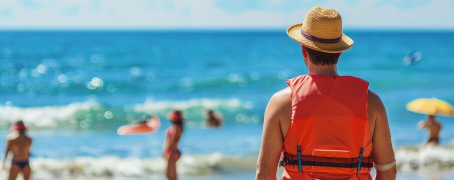 A man in an orange life jacket stands on the beach watching people in the water. The scene is lively and fun, with several people enjoying the ocean and the sun