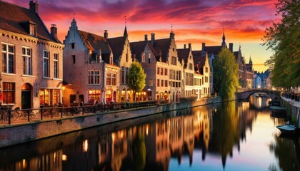 Obraz premium Picturesque Sunset Over a Canal in Bruges, Belgium.