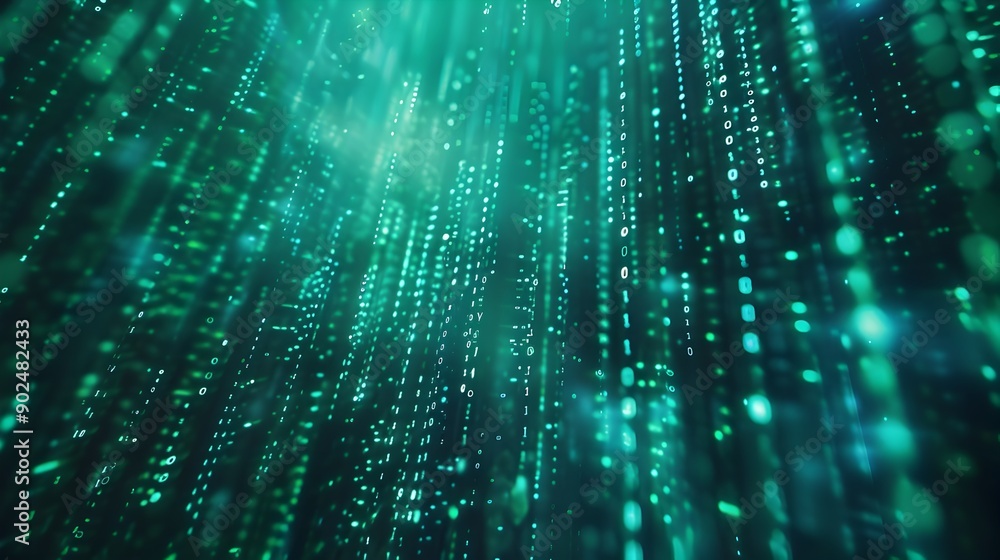 Poster endless digital matrix with flowing binary code and cyber themed hues