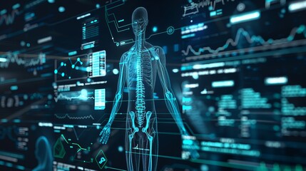 Futuristic DNA Medical Screen Hologram for Science and Health Research – Digital 3D Technology Interface with Infographic and Data Analysis