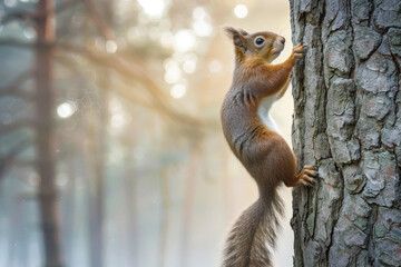 Red Squirrel Climbing a Tree Trunk in a Forest