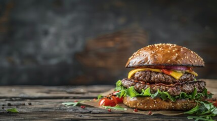Close-up home made beef burger on wooden table