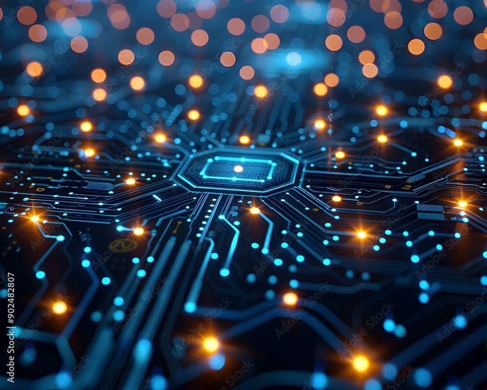 Poster glowing futuristic circuit board with complex interconnected nodes and lines