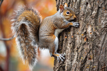 Obraz premium A Gray Squirrel Climbing a Tree Trunk in Autumn