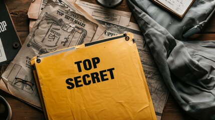 Top secret documents, Close-up yellow file with documents and Top Secret stamp on the table.