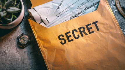 Top secret documents, Close-up yellow file with documents and Top Secret stamp on the table.